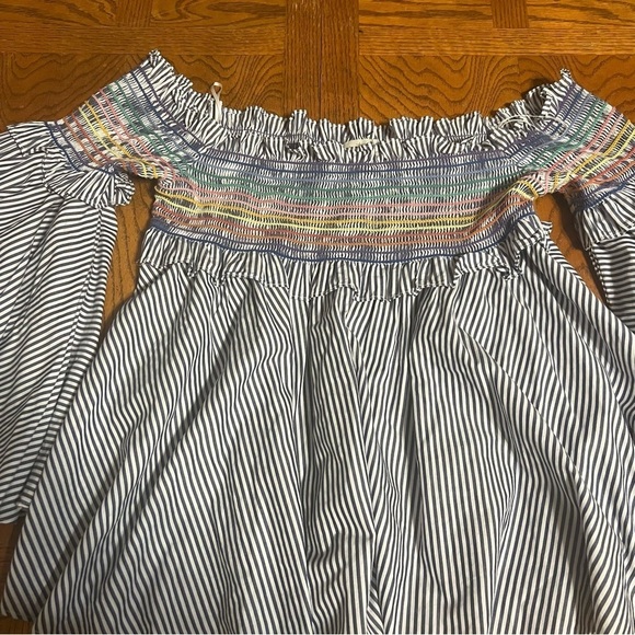 PETERSYN Davenport Smocked Off The Shoulder Striped Smocked Top M Bell Sleeves - Picture 12 of 16